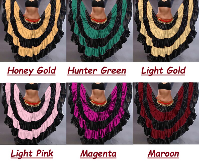 May include: Six different colors of a layered, ruffled skirt. The skirt is black with a contrasting color ruffle. The colors are honey gold, hunter green, light gold, light pink, magenta, and maroon.