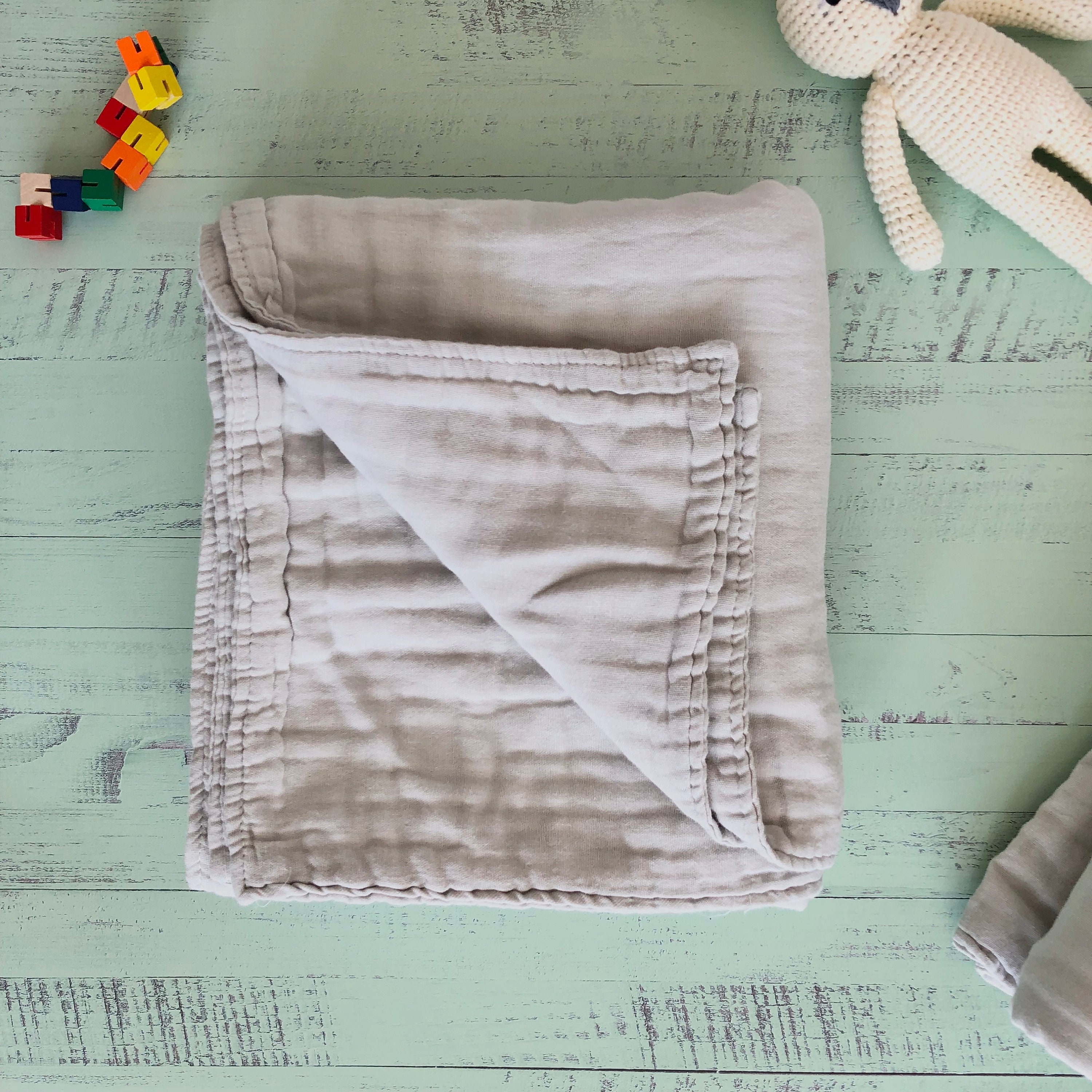 Large 6layer Cotton Muslin Baby Blanket, Prewashed, Grey, Raw Edge