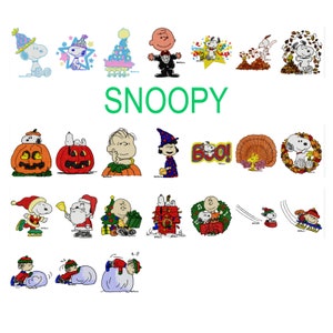 24 Snoopy holiday machine embroidery designs, peanuts embroidery pattern, christmas halloween thanksgiving, charlie brown, linus patty sally