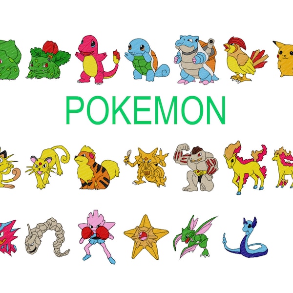 20 Pokémon machine embroidery designs, pokemon embroidery, pikachu embroidery pattern, squirtle bulbasaur ivysaur, blastoise charmander