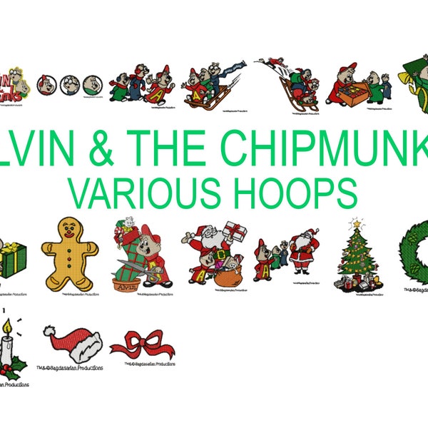 17 Alvin & the Chipmunks christmas machine embroidery designs, cartoom character, holiday embroidery pattern theodore simon instant download