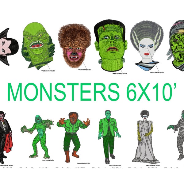 12 XLarge Universal Studio Monsters machine embroidery designs, halloween patterns, megahoop embroidery, frankensteins monster vampire mummy