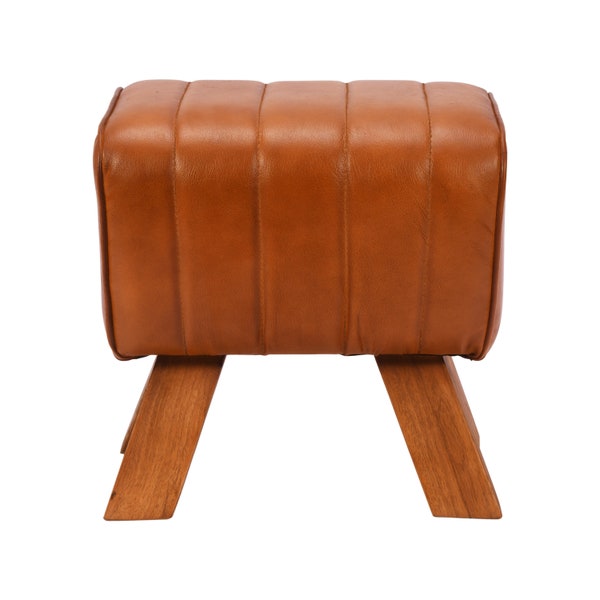 Pommel horse stool, small leather footstool, leather pouf ottoman, small leather pouf, entryway stool.