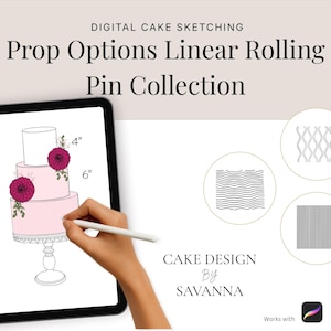Könnte beinhalten: Digitales Torten-Skizzendesign auf einem iPad. Der Bildschirm zeigt eine dreistöckige rosa Torte mit floralen Akzenten. Der Kuchen ist mit den Maßen 10 cm und 15 cm beschriftet. Der Text lautet "Prop Options Linear Rolling Pin Collection" und "Cake Design By Savanna."