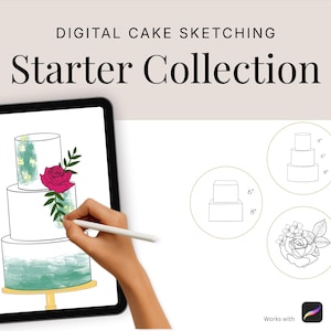 Cake Sketching Procreate Stamps, Round & Square Tiered Cake Design Templates, Flowers and Foliage Elements