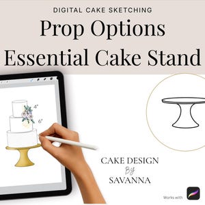 Puede incluir: Gráfico de bocetos digitales de pasteles con el texto "Prop Options Essential Cake Stand". Un iPad muestra un diseño de pastel con medidas. Una mano usa un lápiz óptico para dibujar en la pantalla. Una ilustración de soporte para pasteles dorado está en un círculo.