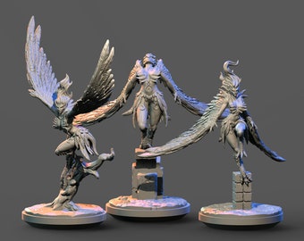 Harpies, 3d printed miniature with decorative base for tabletop RPGs|Dungeons and Dragons|DnD|D&D|Pathfinder