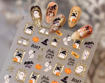 Cute Ghost Halloween Nail Stickers, Gold Frame Nail Decals