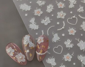 Adesivos de unhas para casamento com borboletas e flores de pérolas 5D