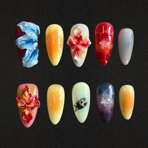 Serect Garden Long Almond Press On Nail, Trending 3d Flower Design Nail Art,Fake/Flase Nail for Birthday Holiday Vacation Nail