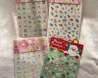 4 hojas de pegatinas 3D para uñas infantiles: Papá Noel, dinosaurios, estrellas y lunas, animales