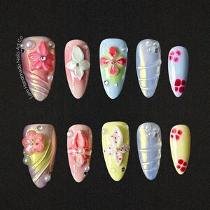 Summer Press On Nails Tropical Orchard with Leopard Print | 3D Floral Fake Nail in Medium Almond | Handmade Nail Art for Holiday, Vacation