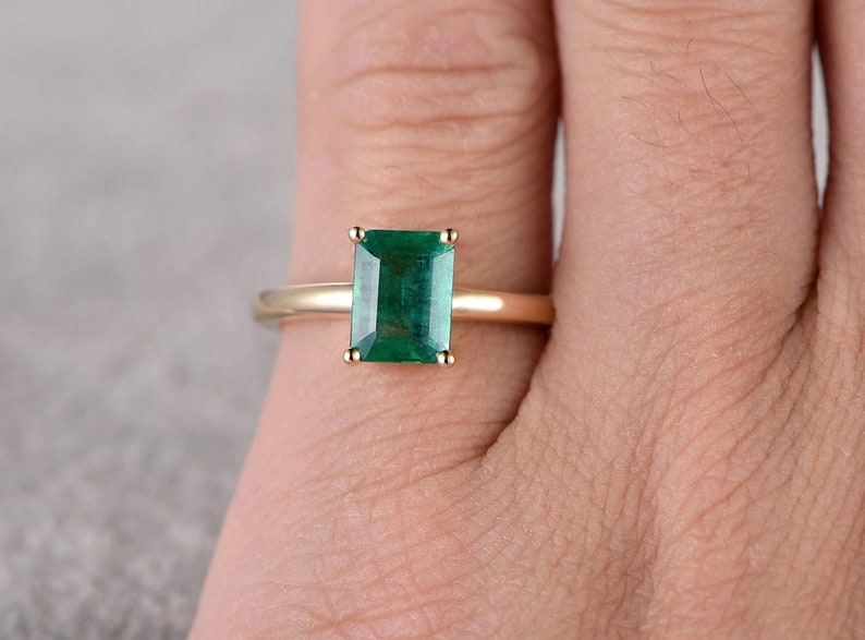 Bridal Ring Engagement Ring Emerald Ring Solitaire Rings Natural Emerald 14K Rose Gold Vermeil Sterling Silver Ring Gift for her