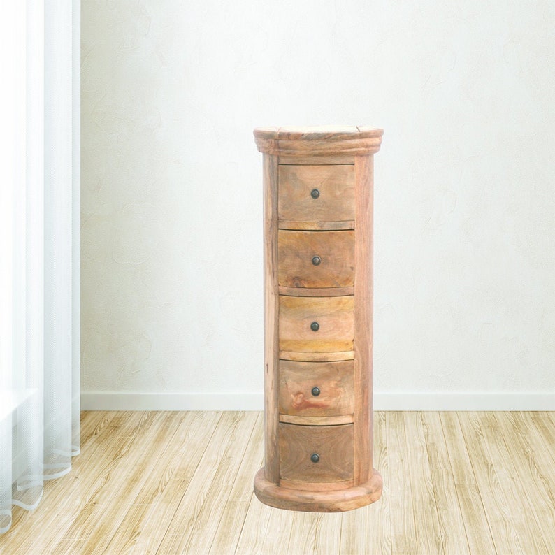 Round Rustic Side Table Chest of 5 Drawer Slim Tall Drum Style Etsy