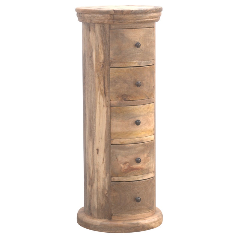 Round Rustic Side Table Chest of 5 Drawer Slim Tall Drum Style Etsy