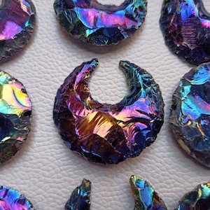 Aura Obsidian Moon, Angel Aura Quartz Obsidian Moon Crystal Healing Crescent Moon, Aura Titanium Coated Crystal Moon for Wirewrap Jewelry