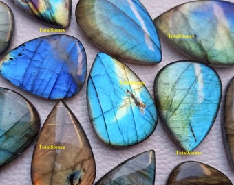 Myhealingworld Natural Calibrated 8x12mm Pear Shape Blue Fire Labradorite Cabochon Loose Gemstone 5pcs Box for Healing Wellness and Jewelry Making.