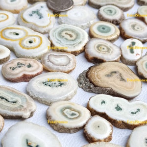 Puede incluir: Una colección de rodajas de ágata con varios patrones y colores, incluyendo blanco, marrón, amarillo y verde. Las rodajas están dispuestas sobre una superficie blanca.