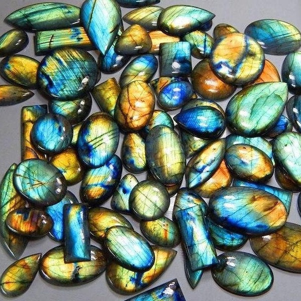 Véritable 100 carats de LABRADORITE CABOCHON naturelle Multifire, vente en gros, lot de pierres précieuses de labradorite, qualité AAA, taille du mélange, lot de pierres de labradorite