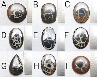May include: Nine polished cabochon stones with a black and white dendritic agate pattern. The stones are arranged in three rows of three, with each stone labeled with a letter from A to I. The stones are all different shapes and sizes.