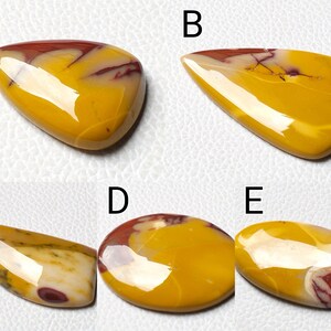 Op de afbeelding: Vijf gepolijste cabochons van gele, rode en witte edelstenen. De cabochons hebben verschillende vormen, waaronder druppelvorm, ovaal en onregelmatig.