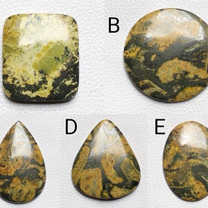 May include: Five polished gemstones in various shapes: a rectangle, a circle, a teardrop, a triangle, and an oval. The stones feature a mix of olive green, black, and tan colors with unique patterns and textures. Ideal for jewelry making or collecting.