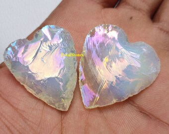 Angel Aura Opalite Heart, Opalite Crescent Sparkling Coated Heart Shape Opalite Healing Carving Heart