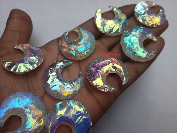 Angel Aura Opalite Moon, Aura Titanium Coated Opalite Crescent Moon, Aura Opalite Carved Moon Healing Crystal, Metaphysical moon for Jewelry