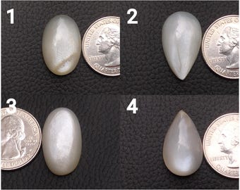 May include: Four smooth, polished, off-white cabochon gemstones displayed next to a US quarter coin for scale. Two stones are oval-shaped and two are teardrop-shaped, each exhibiting a soft, pearlescent sheen across their rounded surfaces.