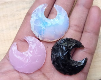 Opalite Moon Crescent Moon Crystal Healing Stone Rose Quartz / Black Obsidian / Metaphysical Carving Moons Gemstone Opal for Jewelry Making