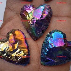 Corazones de cuarzo aura de ángel, corazón de media luna de obsidiana aura, corazón de cuarzo aura recubierto de arcoíris, corazón de cristal, cristal curativo aura recubierto de titanio