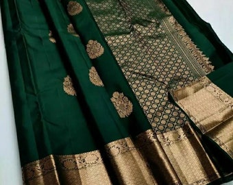 Indian Sarees for Women,Kanchipuram Art silk saree, diwali Gifts for her, Bottle Green   Sari, Traditional Saree, Wedding Wear, Festival