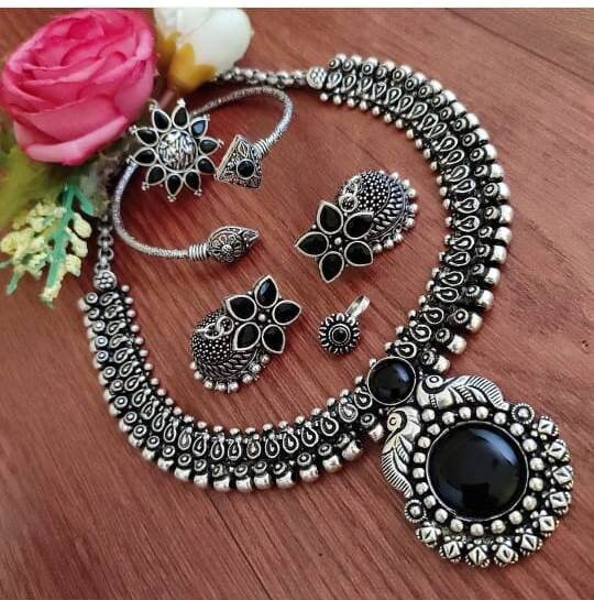 Buy Oxidized Necklace Set With Earrings and Nose Ring Bangle