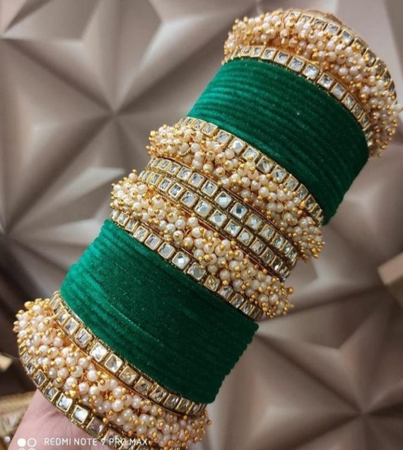 Latest Jaipuri Fashion Art Kundan Beaded Velvet Bangles for Women