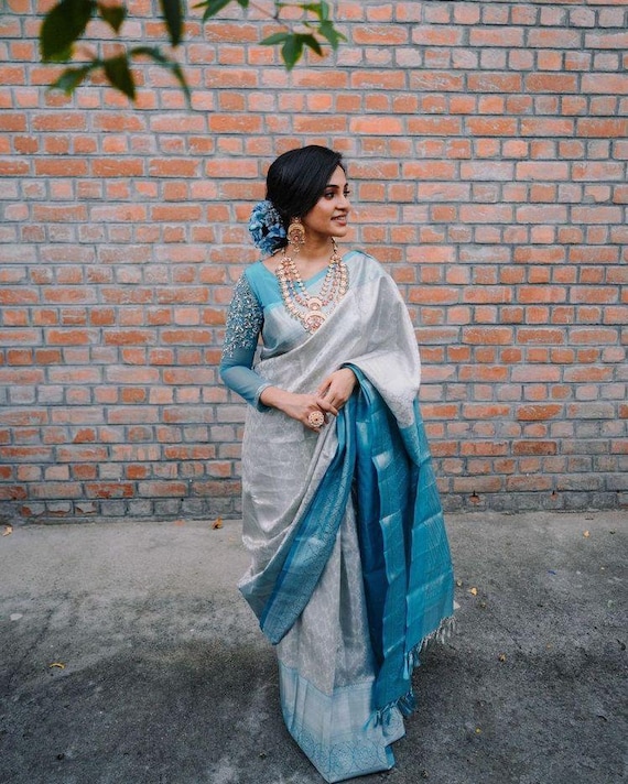 Grey Weaving Rama Color Order Kanchipuram Silk Saree, Grey Saree, Indian  Outfit Sari, Gift Silk Saree Woman Wear Bridal Bollywood Saree 