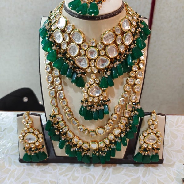 Indian Full Bridal Kundan Necklace Set with Earrings and Mangtikka Green Bridal Indian Jewelry Choker Necklace Handmade Wedding Jewellery