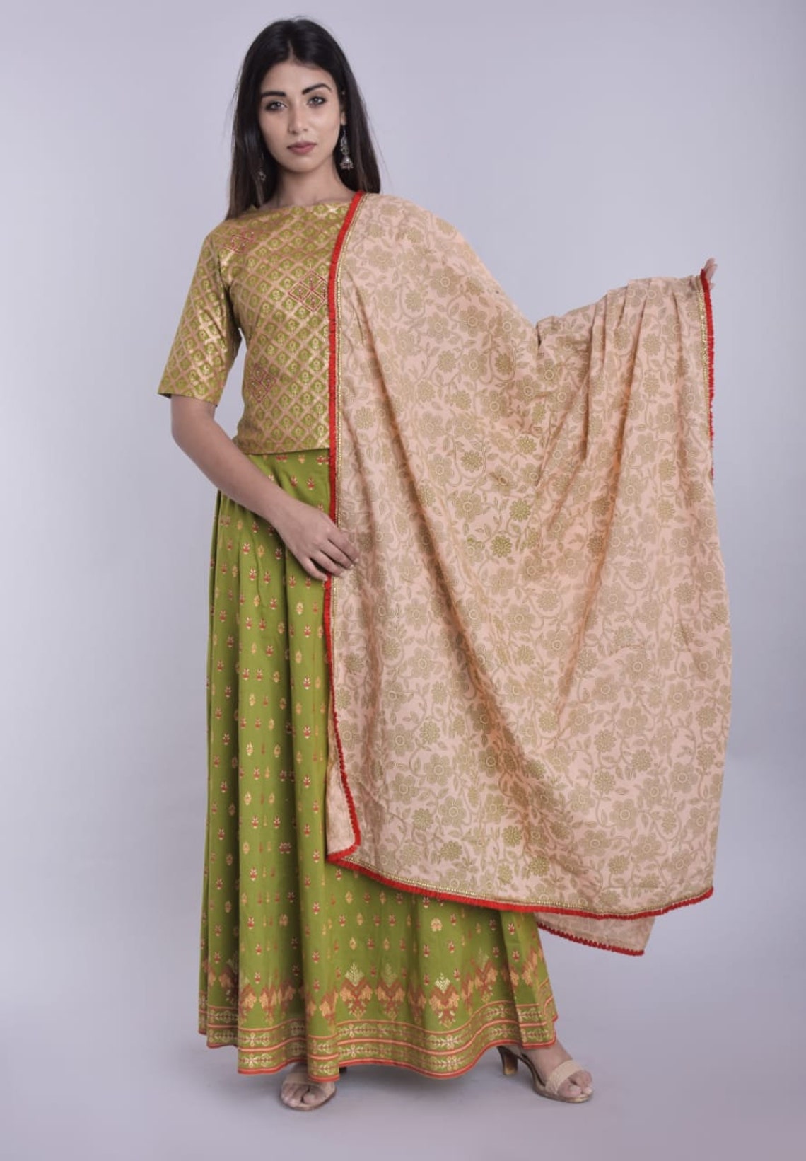 Green Beautiful Ghagra Choli Suit With Duppta Cotton Etsy