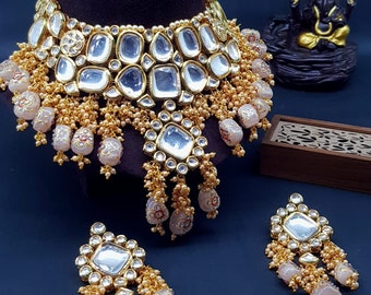 Jaipuri Jadau Kundan handgemachte Hand bemalt Meenakari Kundan Braut Choker, Halbedelstein Kundan Choker Halskette, indisches Schmuck-Set