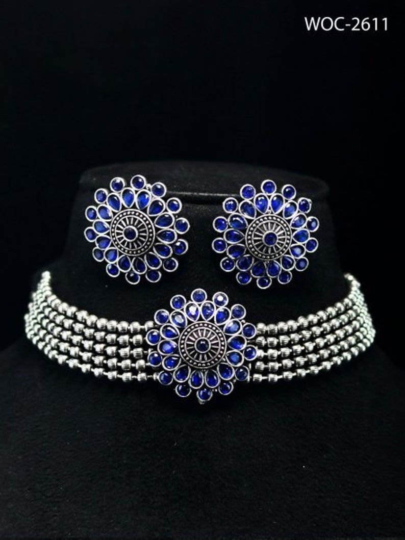 Stud Earrings Hoop Earrings Handmade Flower Shape Choker Oxidized Necklace Set with Earrings Blue Stones Necklace Indian Stone Earrings