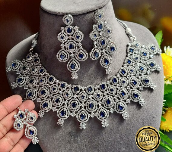 Blue Stones Necklace Set With American Diamonds Indina Jewelry