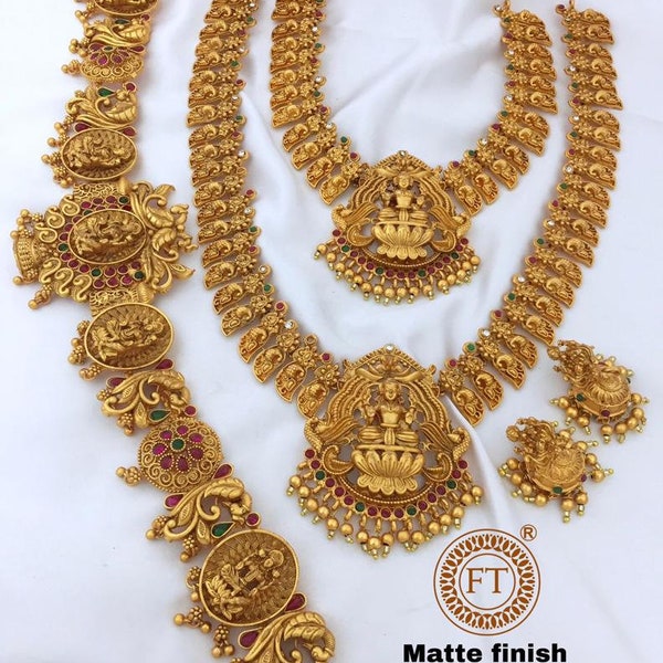 Premium Quality Semi Bridal Matte Golden Temple Jewellery Set With Earrings, Maangtika And Kamar Patti ( Hip Belt), South Indian Necklace