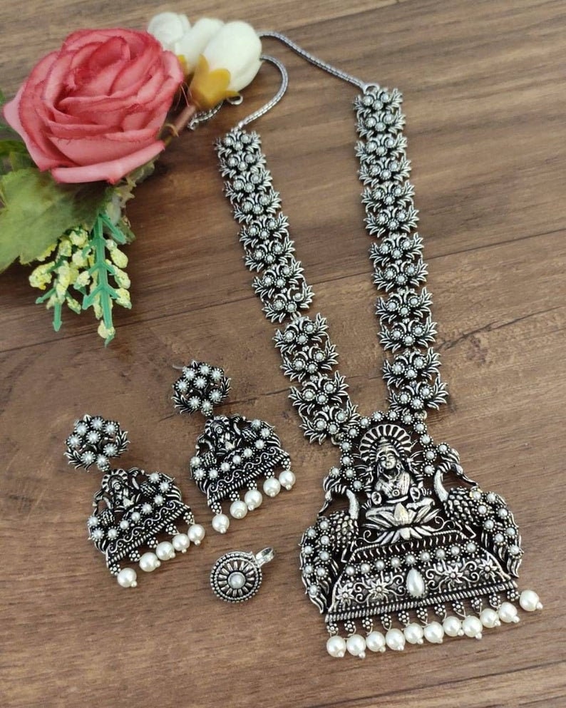 Oxidisd Laxmi Temple Necklace Set With 
