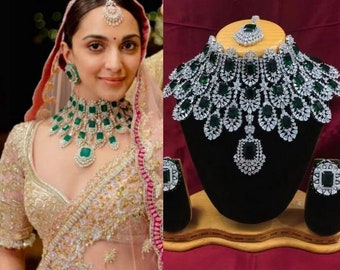 Premium American Diamond Kiara Advani bruiloft ketting set, CZ groene steen sieraden set voor vrouwen, speciale gelegenheid sieraden set cadeau voor haar