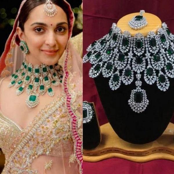 Premium American Diamond Kiara Advani bruiloft ketting set, CZ groene steen sieraden set voor vrouwen, speciale gelegenheid sieraden set cadeau voor haar