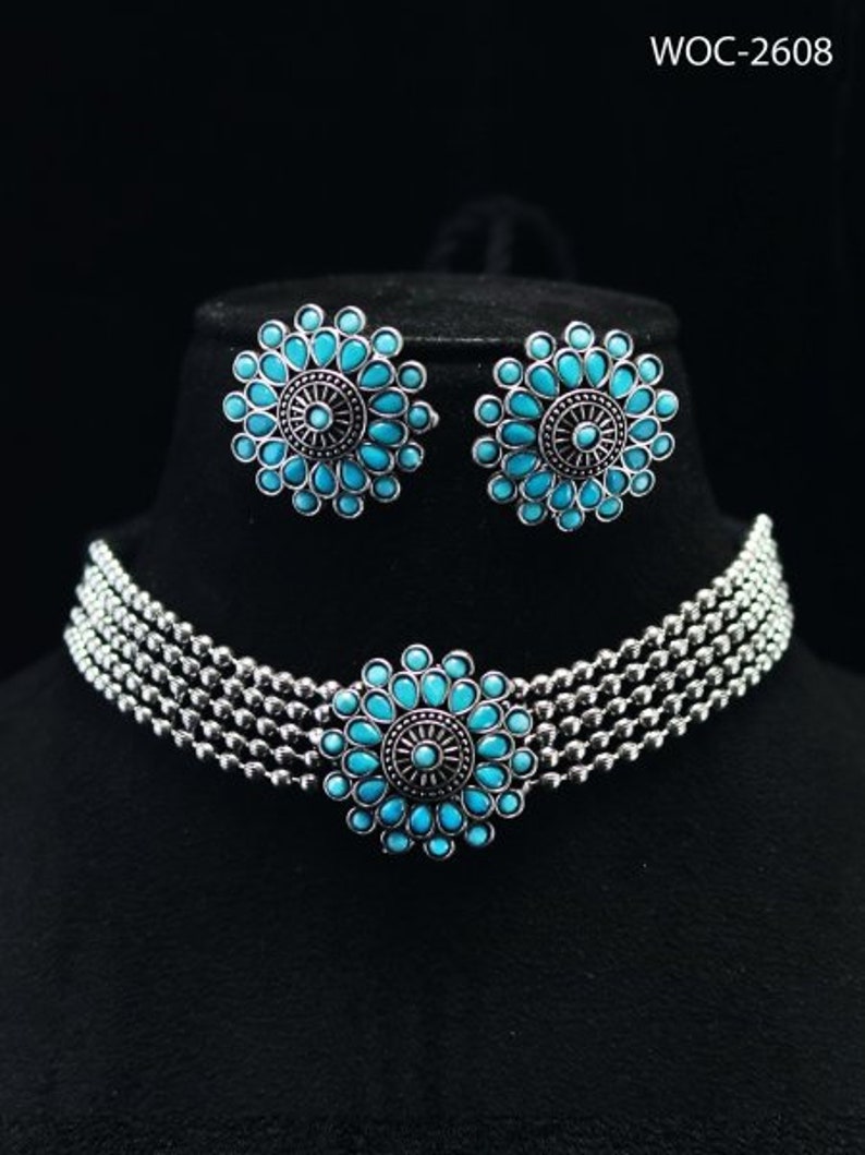 Stud Earrings Hoop Earrings Handmade Flower Shape Choker Oxidized Necklace Set with Earrings Blue Stones Necklace Indian Stone Earrings