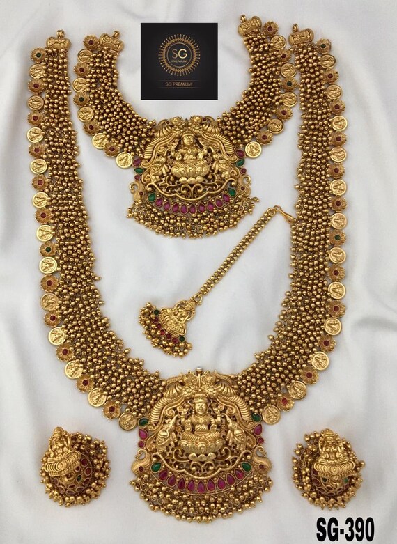 Coin Laxmi Temple Antique Necklace Set for Women Indian Gold