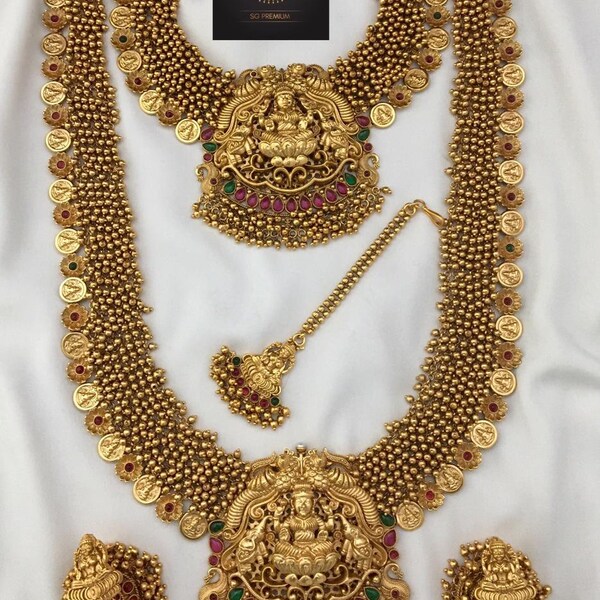 Coin Laxmi Temple Antique Necklace Set for Women, Indian Gold Plated Jewelry Combo with Necklace, Bridal Set Wedding Jewellery, hip Chain