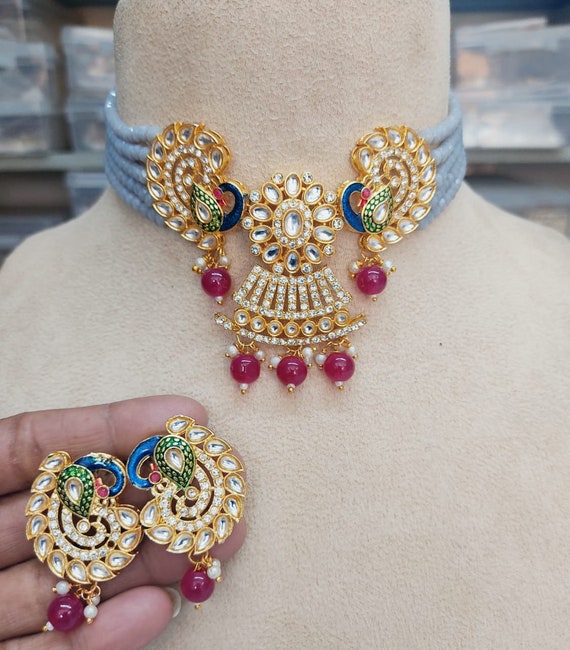 JaipurJewelsandGifts Peacock Design Stone Choker Necklace, Indian Choker Necklace Set for Women, Beads Necklaces for Bridesmaids Choker, Kundan Wedding Jewellery