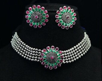 Stone Choker Set I Oxidized Jewelry I Indian Necklace Set I Necklace with Earring I Jewellery I Silver jewelry Set I Body Jewelry I Gifts