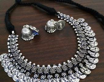 Oxidized Choker Necklace set, Indian Jewellery set, Coin Necklace, Temple Jewelry, Oxidized Jewelry, Classic Indian fashion Jewelry